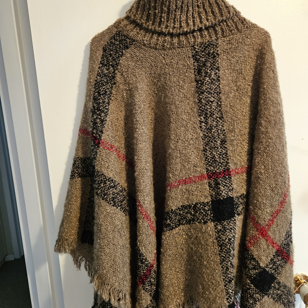 Plaid Turtleneck Poncho Sweater